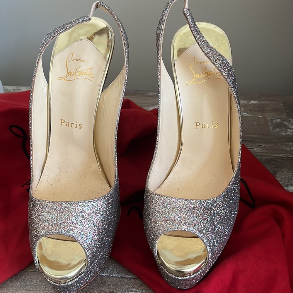 Christian Louboutin glitter open toe slingbacks
